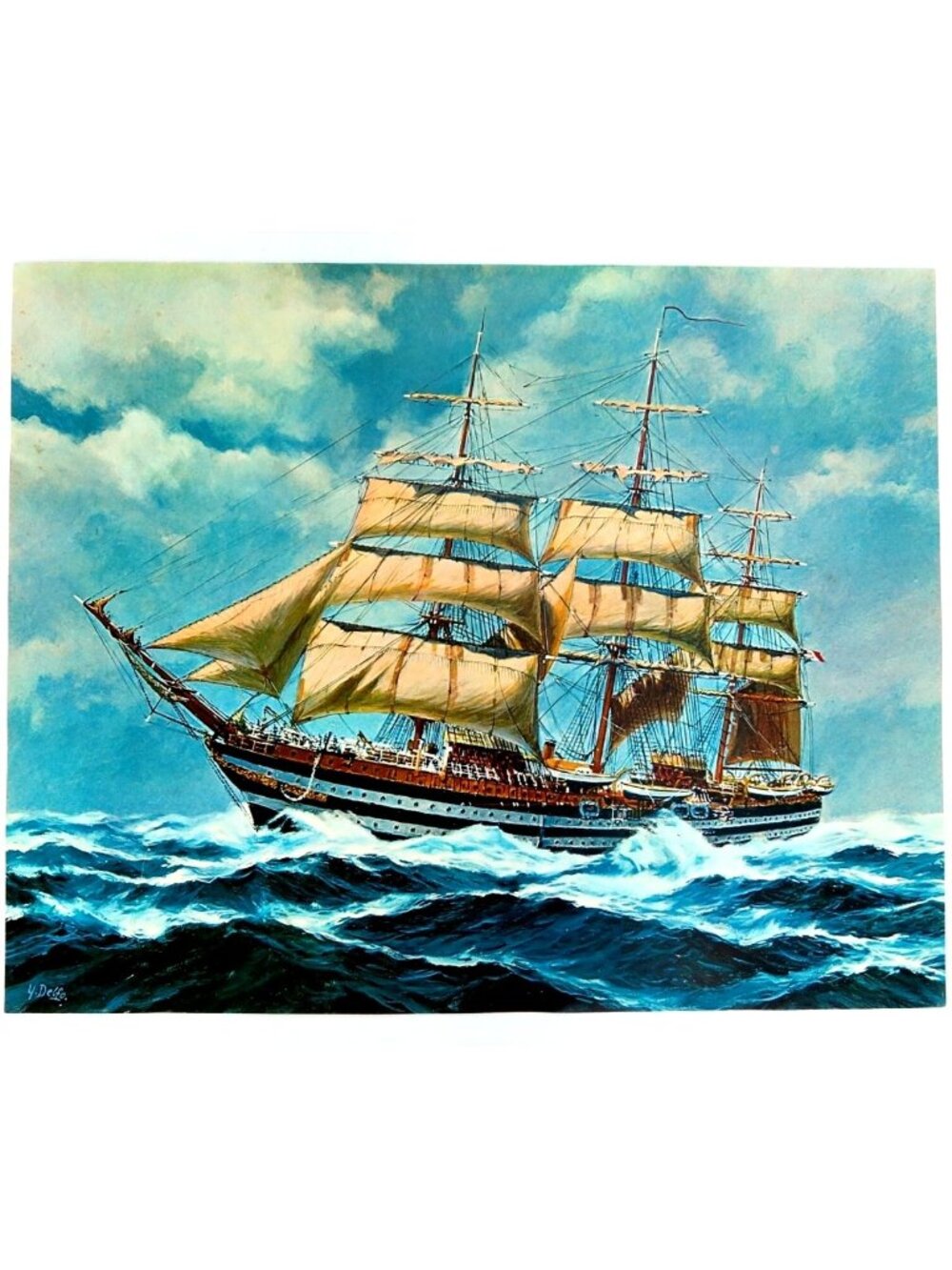 Schooner at Sea – Vintage Maritime Lithograph After Yves Delfo (c. Mid-Century)